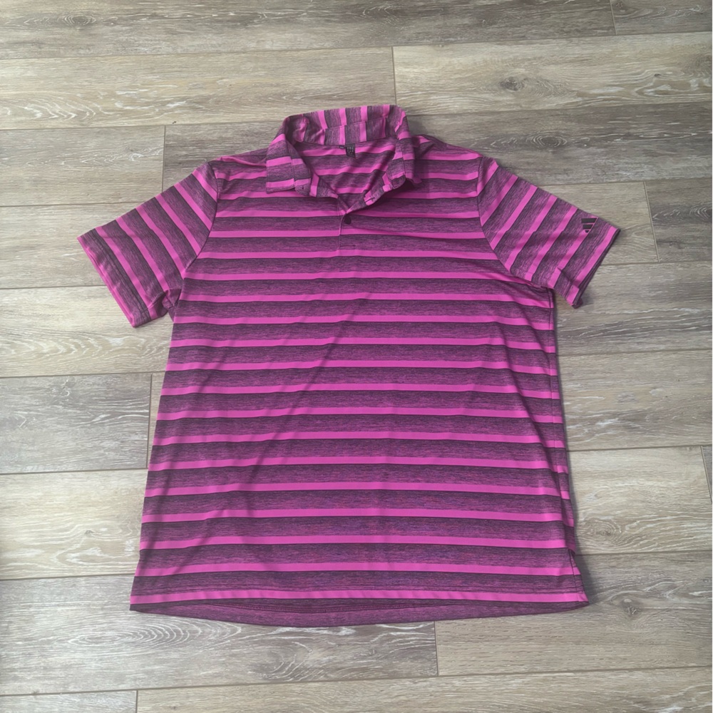 Adidas Golf Polo Sz 2XL Pink Black Stripe Lightweight Athletic Preppy Sporty